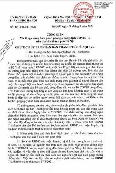 Hà Nội Ban hành Công điện 08 về tăng cường biện pháp phòng, chống dịch Covid-19