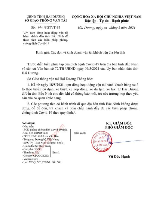 Hải Dương Tạm dừng hoạt động vận tải hành khách đến tỉnh Bắc Ninh