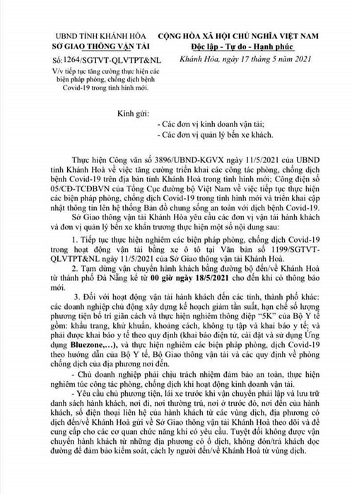 Khánh Hoà dừng vận chuyển khách đường bộ đến và về từ Đà Nẵng