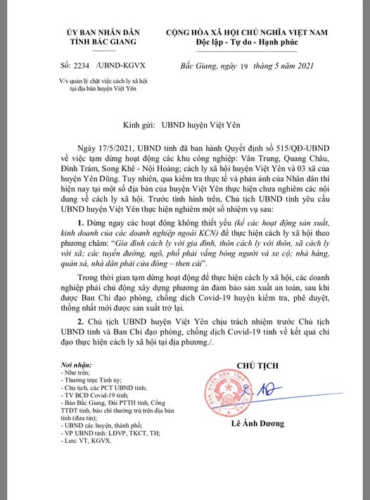 Bắc Giang Yêu cầu quản lý chặt việc cách ly xã hội huyện Việt Yên