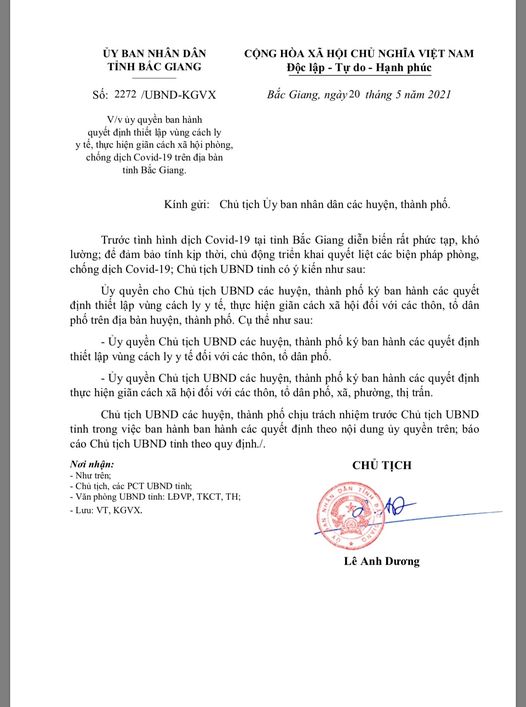 Bắc Giang Ủy quyền cho Chủ tịch UBND các huyện, thành phố ký ban hành các quyết định thiết lập vùng cách ly y tế