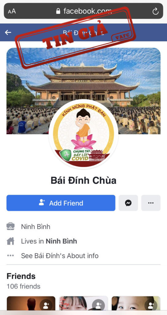 Cảnh báo tài khoản Facebook Bái Đính Chùa giả mạo kêu gọi từ thiện