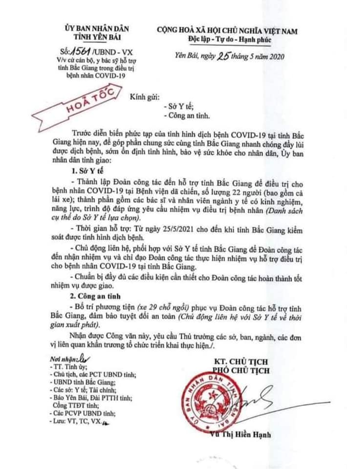 Yên Bái Tiếp tục cử cán bộ, y bác sỹ hỗ trợ tỉnh Bắc Giang trong điều trị bệnh nhân Covid-19