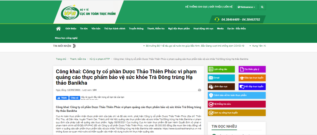 Một công ty bị xử phạt 35 triệu đồng do quảng cáo Trà đông trùng hạ thảo Banikha vi phạm