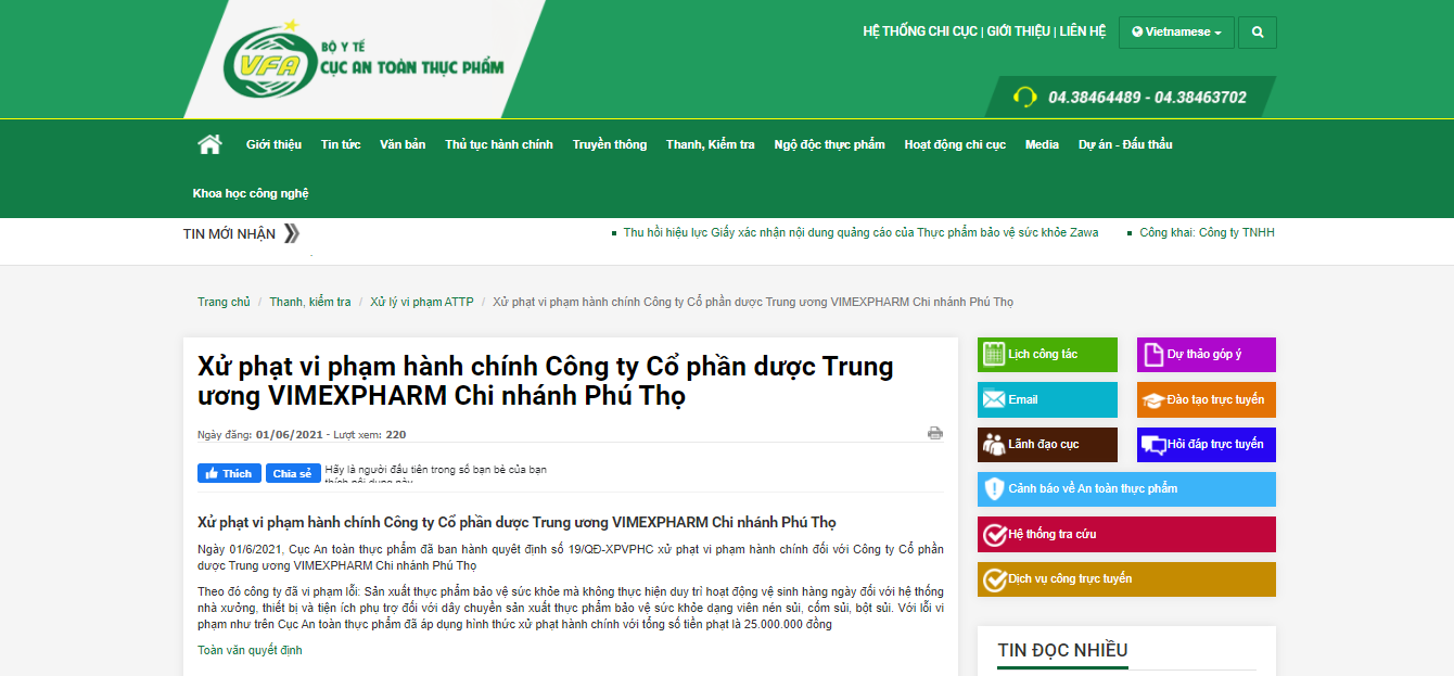 Dược VIMEXPHARM - Chi nhánh Phú Thọ sản xuất thực phẩm BVSK không duy trì vệ sinh