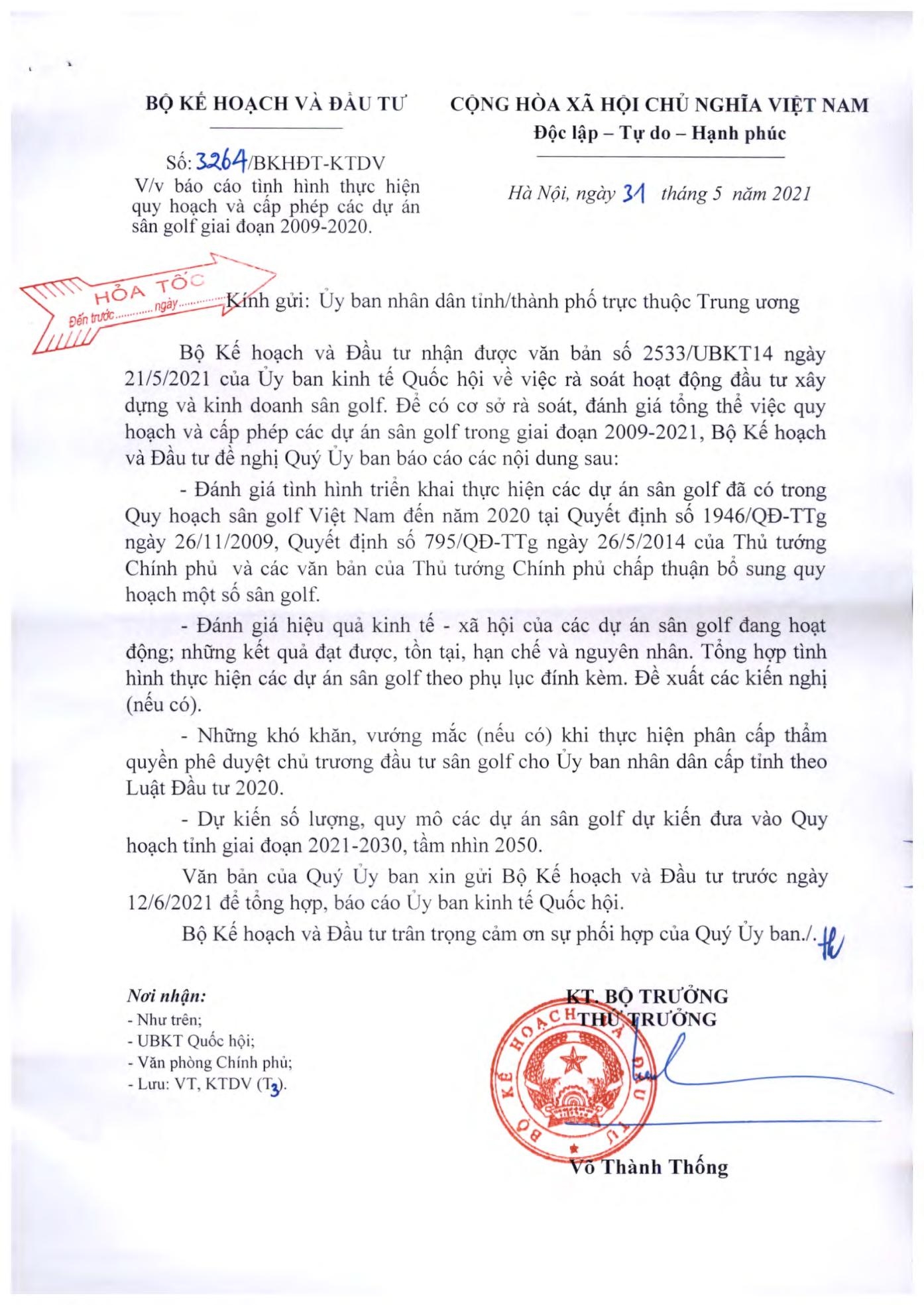 Rà soát lại việc thực hiện quy hoạch và cấp phép các dự án sân golf giai đoạn 2009-2020