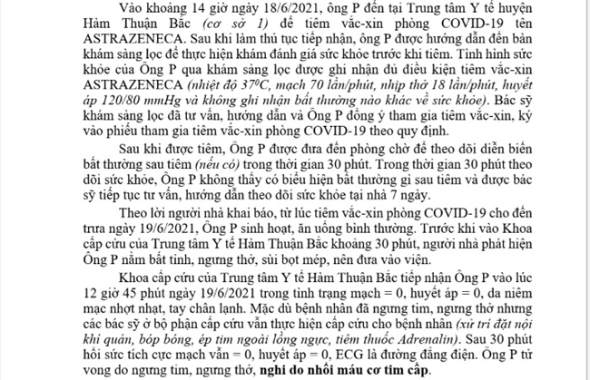 Một người ở Bình Thuận tử vong sau tiêm vaccine  nghi do nhồi máu cơ tim