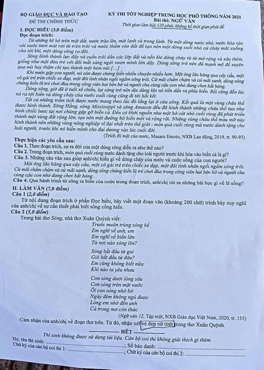 Đề thi môn Ngữ văn kỳ thi tốt nghiệp THPT 2021