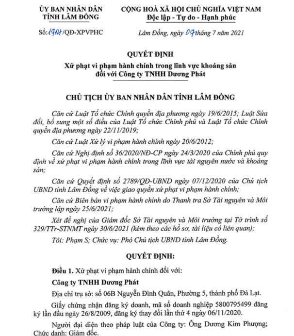 Lâm Đồng Vi phạm trong hoạt động khai thác khoáng sản, hai doanh nghiệp bị xử phạt 