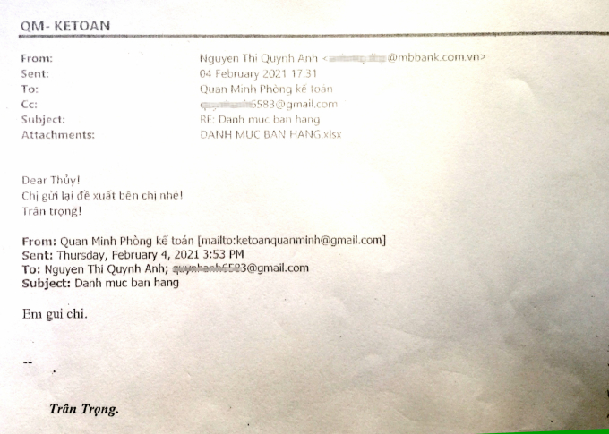 Email trao đổi của bà Nguyễn Thị Quỳnh Anh với bà Phạm Thu Thủy - Kế toán trưởng Công ty TNHH Quan Minh, gửi kèm file đề xuất giảm giá giá nhiều lô đất dự án Ocean Park Vân Đồn đã được lập vi bằng sự việc. Ảnh: MP.