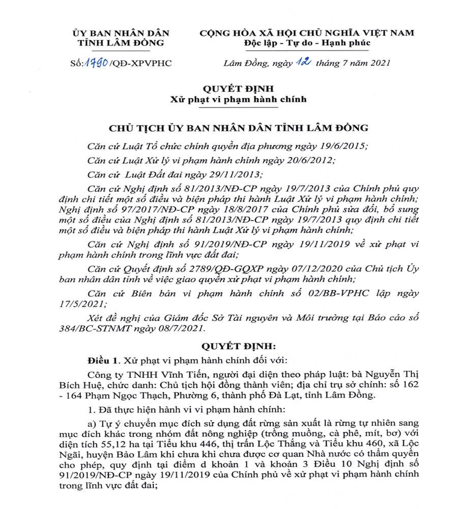 Lâm Đồng Xử phạt Công ty TNHH Vĩnh Tiến 255 triệu đồng vì tự ý chuyển mục đích sử dụng đất