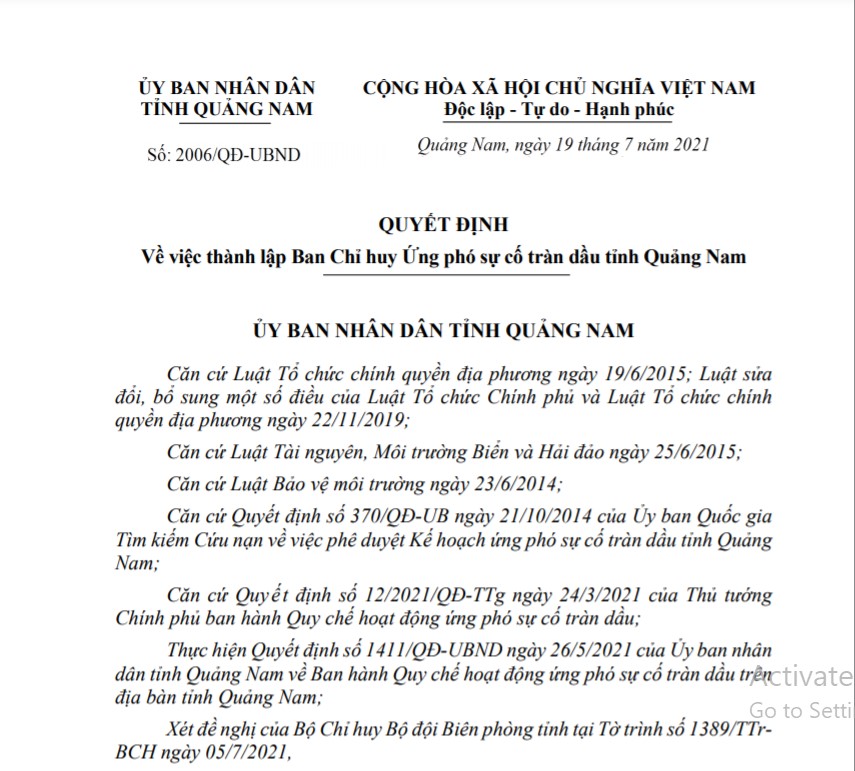 Quảng Nam thành lập Ban Chỉ huy Ứng phó sự cố tràn dầu