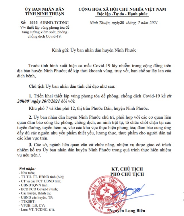 Ninh Thuận ra văn bản hỏa tốc thiết lập vùng phong tỏa để tăng cường kiểm soát, phòng chống dịch Covid-19