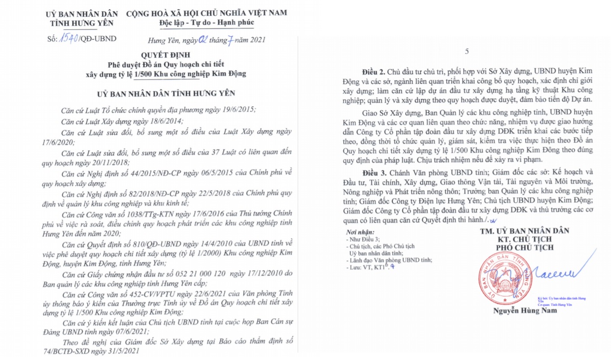 Hưng Yên duyệt đồ án quy hoạch chi tiết Khu công nghiệp sạch Kim Động 