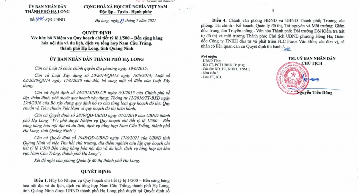 UBND TP Hạ Long hủy bỏ quy hoạch dự án Bến cảng Nam Cầu Trắng