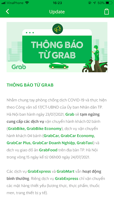 Grab, Now tạm ngừng chở khách, giao đồ ăn tại Hà Nội