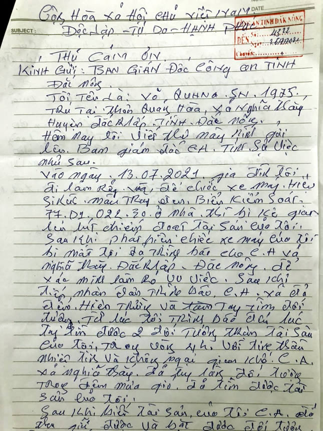 Công an tỉnh Đắk Nông nhận được thư cảm ơn của người dân sau khi phá án