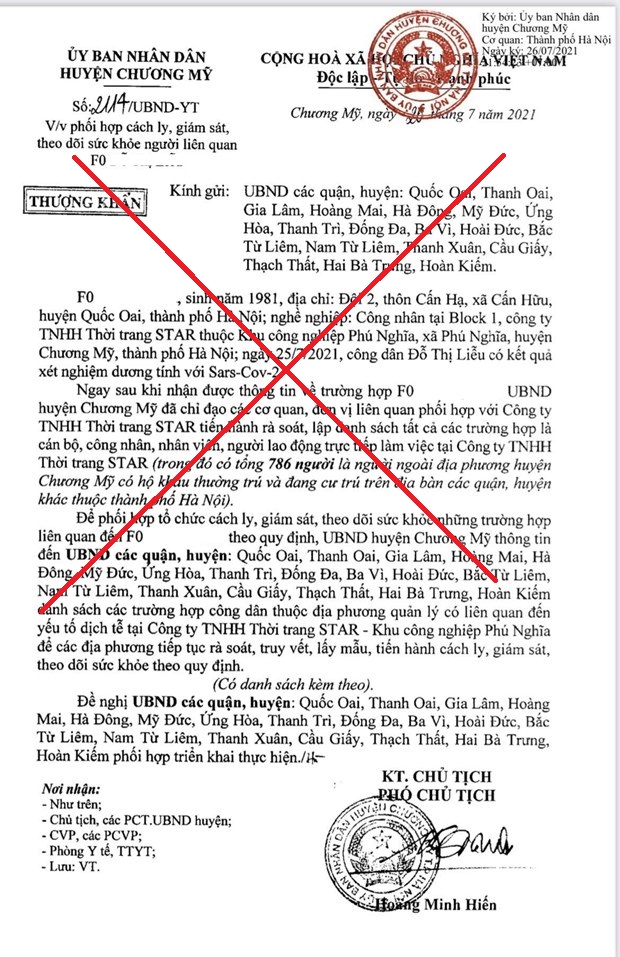 Hà Nội Huyện Chương Mỹ bác bỏ thông tin 786 người ở 18 quận, huyện liên quan ca F0