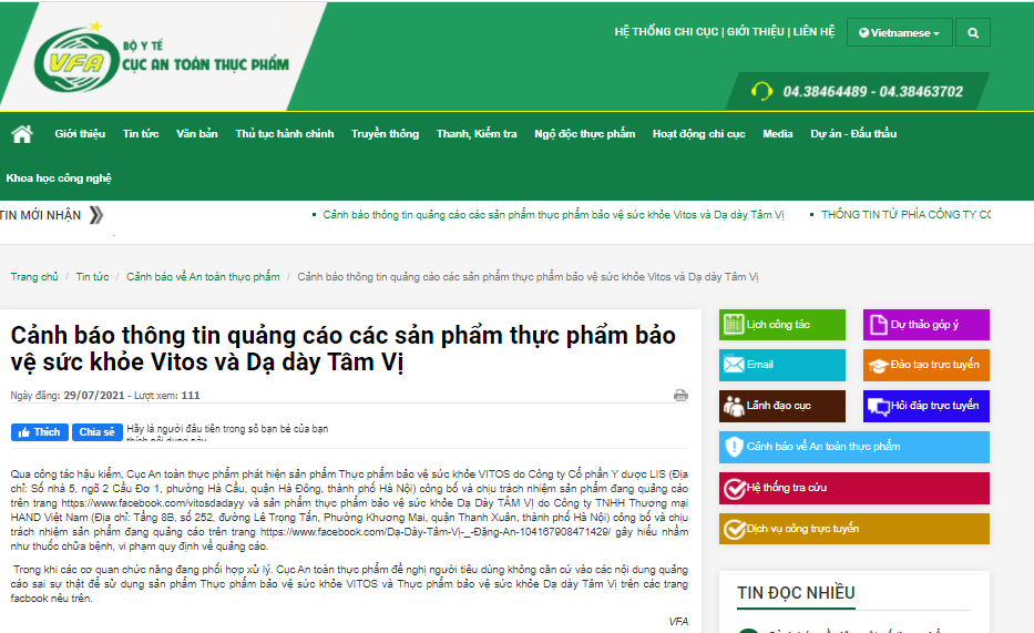 Cục An toàn thực phẩm cảnh báo thực phẩm bảo vệ sức khỏe Vitos và Dạ dày Tâm Vị