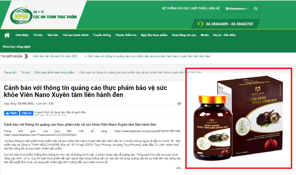 Bộ Y tế cảnh báo thông tin TPBVSK Viên nano Xuyên tâm liên hành đen “điều trị COVID-19”