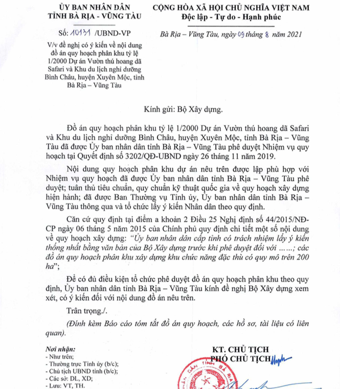 Bà Rịa - Vũng Tàu xin ý kiến Bộ Xây dựng về dự án Safari Hồ Tràm