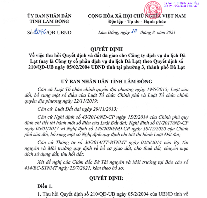 Lâm Đồng Thu hồi quyết định và đất đã giao cho Công ty dịch vụ du lịch Đà Lạt