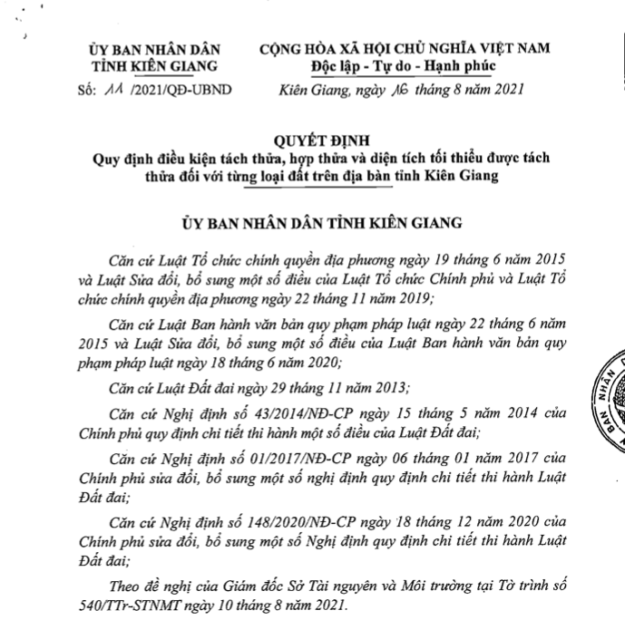 Kiên Giang Quy định điều kiện tách thửa, hợp thửa và diện tích tối thiểu từng loại đất