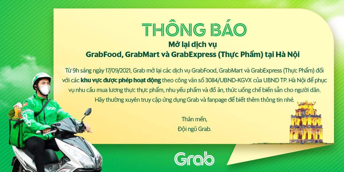 Grab, ShopeeFood mở lại dịch vụ giao đồ ăn, thực phẩm tại Hà Nội từ 179