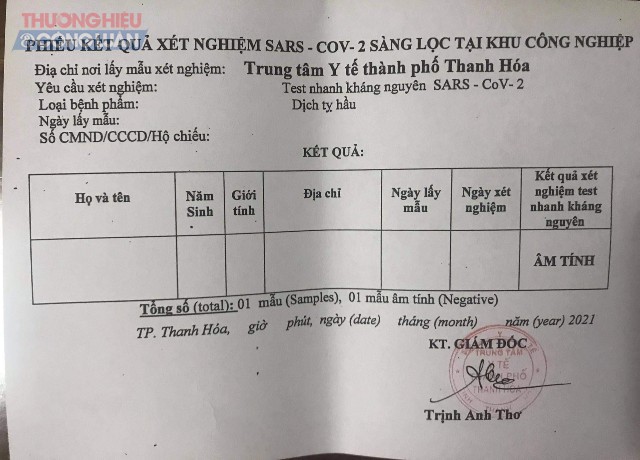Thanh Hóa Phát hàng nghìn phiếu xét nghiệm âm tính SARS- CoV- 2 bỏ “trắng” nội dung