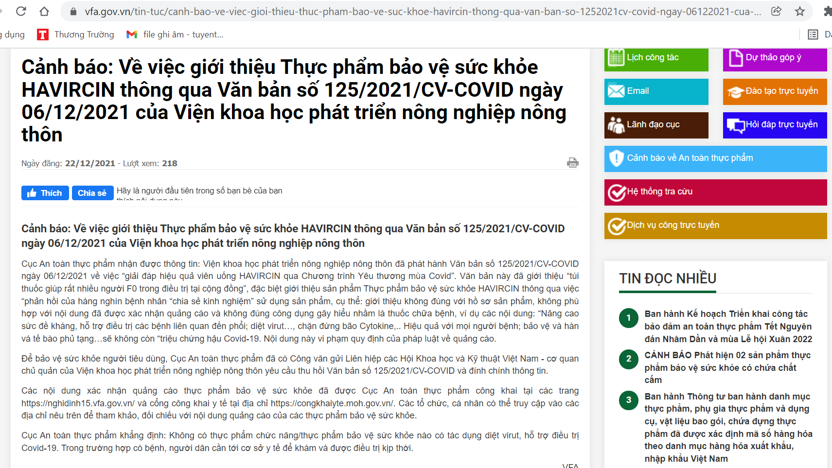 Quảng cáo TPBVSK HAVIRCIN của Viện Khoa học phát triển nông nghiệp nông thôn là không đúng quy định