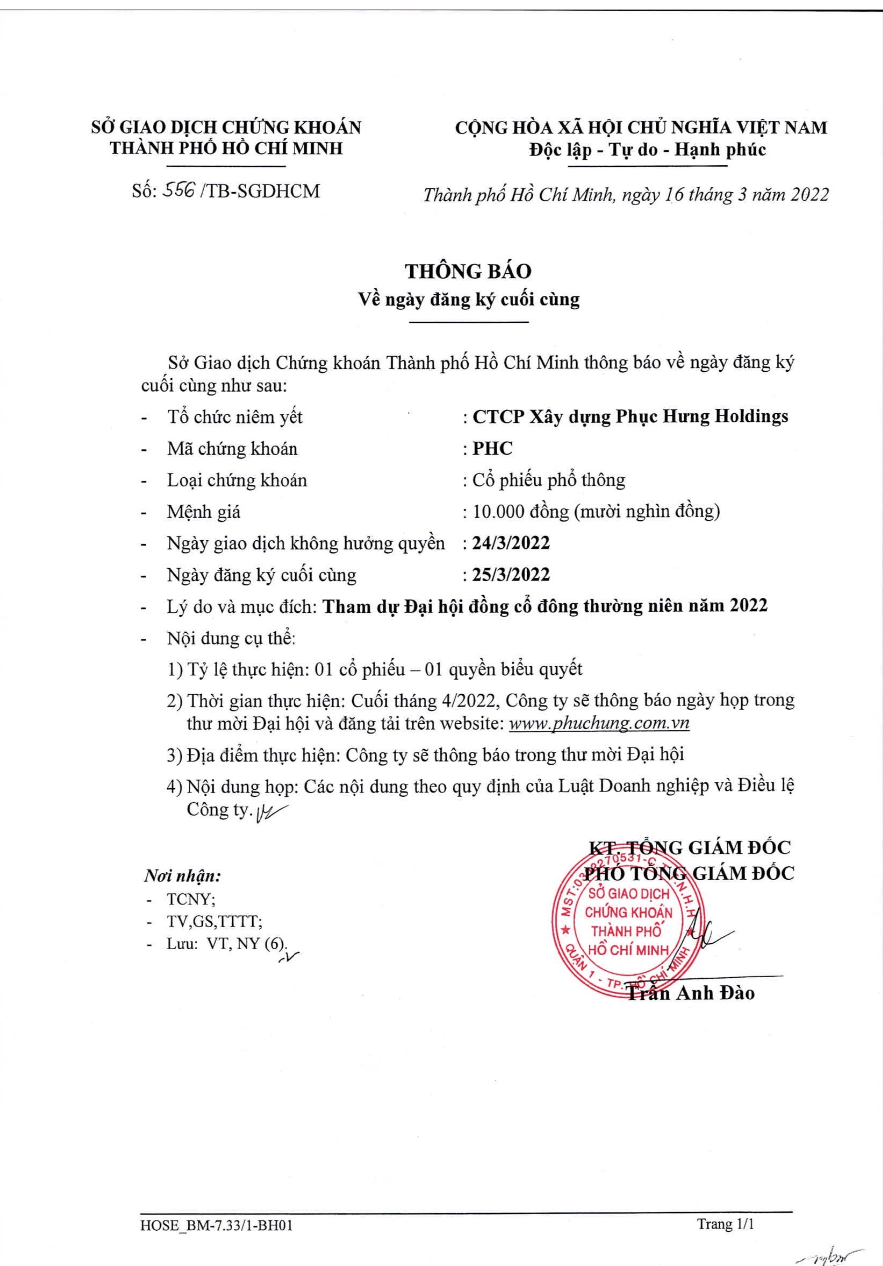 PHC thông báo về ngày đăng ký cuối cùng tham dự ĐHĐCĐ thường niên năm 2022