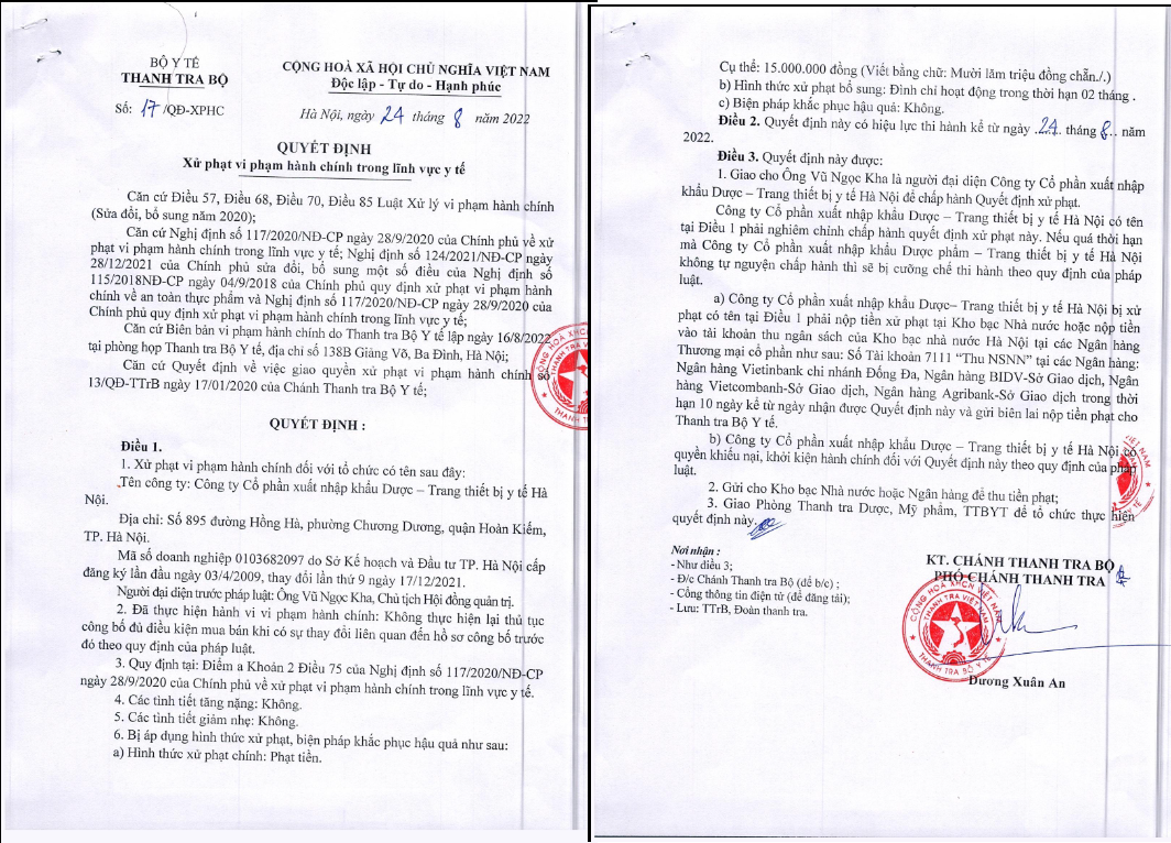 Công ty CP XNK Dược-Trang thiết bị y tế Hà Nội bị phạt 15 triệu và đình chỉ hoạt động 2 tháng