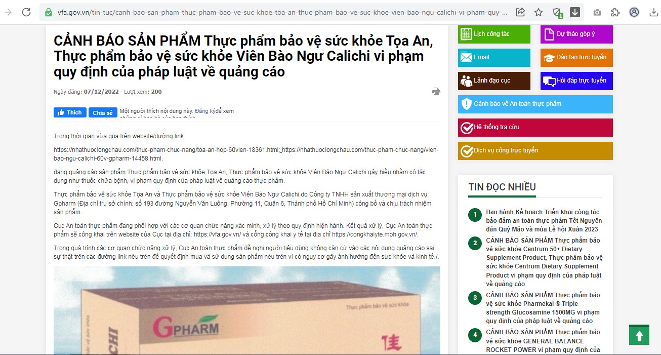 Cảnh báo TPBVSK Tọa An, Viên Bào Ngư Calichi quảng cáo như thuốc chữa bệnh