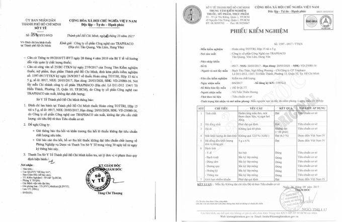Y&ecirc;u cầu đ&igrave;nh chỉ thuốc Ho&agrave;n cứng TOTTRI của Sở Y tế Th&agrave;nh phố Hồ Ch&iacute; Minh v&agrave; Phiếu kiểm nghiệm của Trung t&acirc;m Kiểm nghiệm thuốc - mỹ phẩm - thực phẩm Th&agrave;nh phố Hồ Ch&iacute; Minh&nbsp;&nbsp;