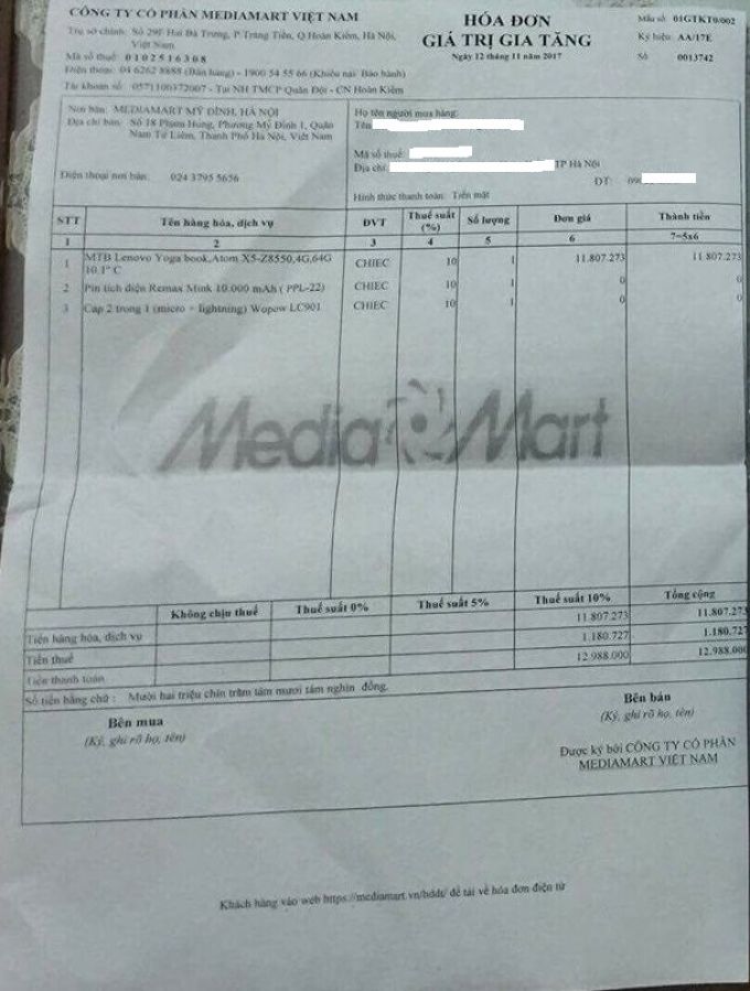 Hóa đơn mua hàng tại Mediamart ngày 12/11/2017