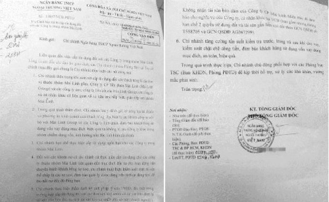 Công văn ngân hàng TMCP Ngoại Thương cảnh báo rủi ro về khả năng vay nợ của tập đoàn Mai Linh.