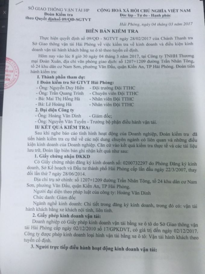 Biên bản kiểm tra của Đoàn kiểm tra, Sở GTVT Hải Phòng.