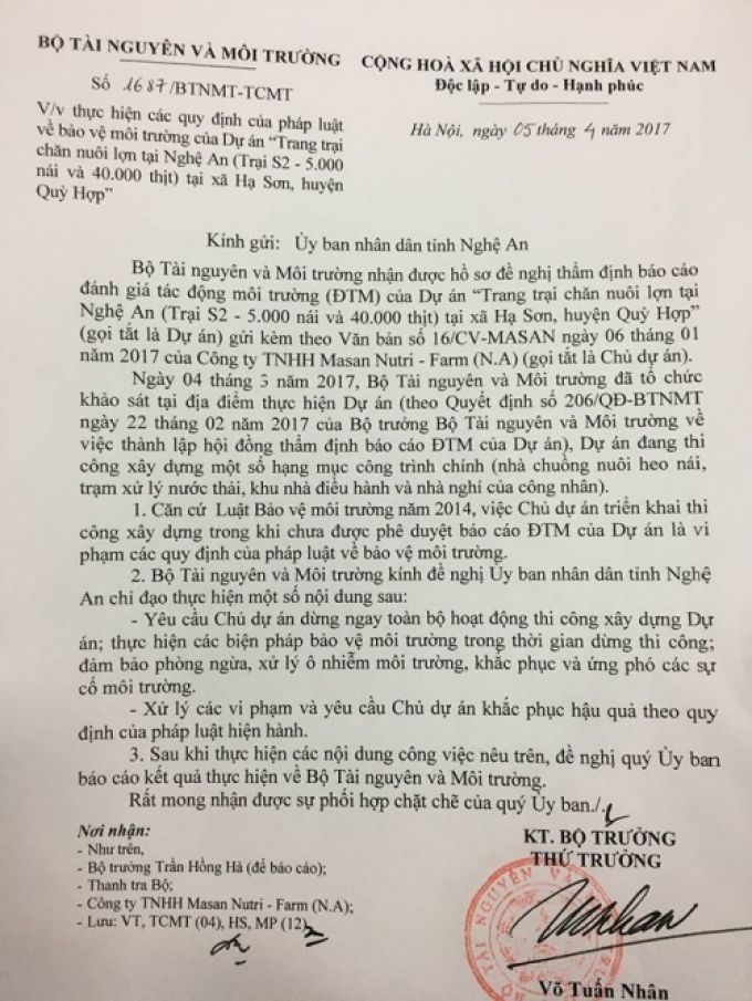 Công văn của Bộ TN&MT.