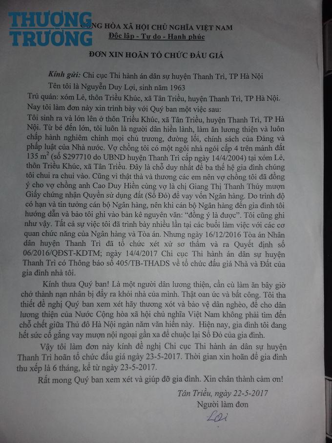 Đơn xin hoãn tổ chức đấu giá của gia đình ông Lợi.