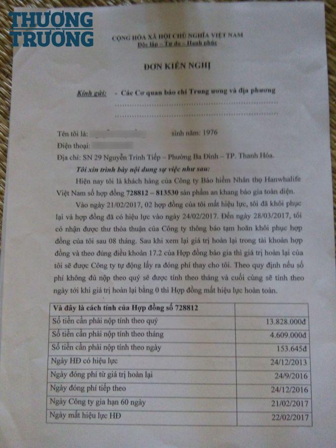 Đơn kiến nghị của bà Hằng.