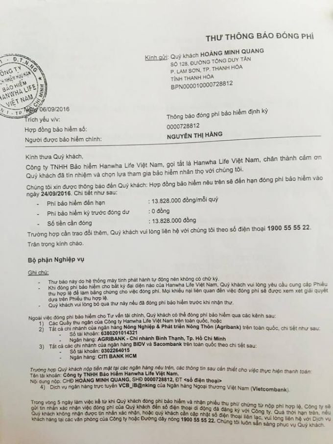 thư thỏa thuận khôi phục hợp đồng bảo hiểm có điều kiện của công ty TNHH bảo hiểm Hanwhalife đến khách hàng trước ngày kí đề ra nhiều điều kiện gây bức xúc cho khách hàng.