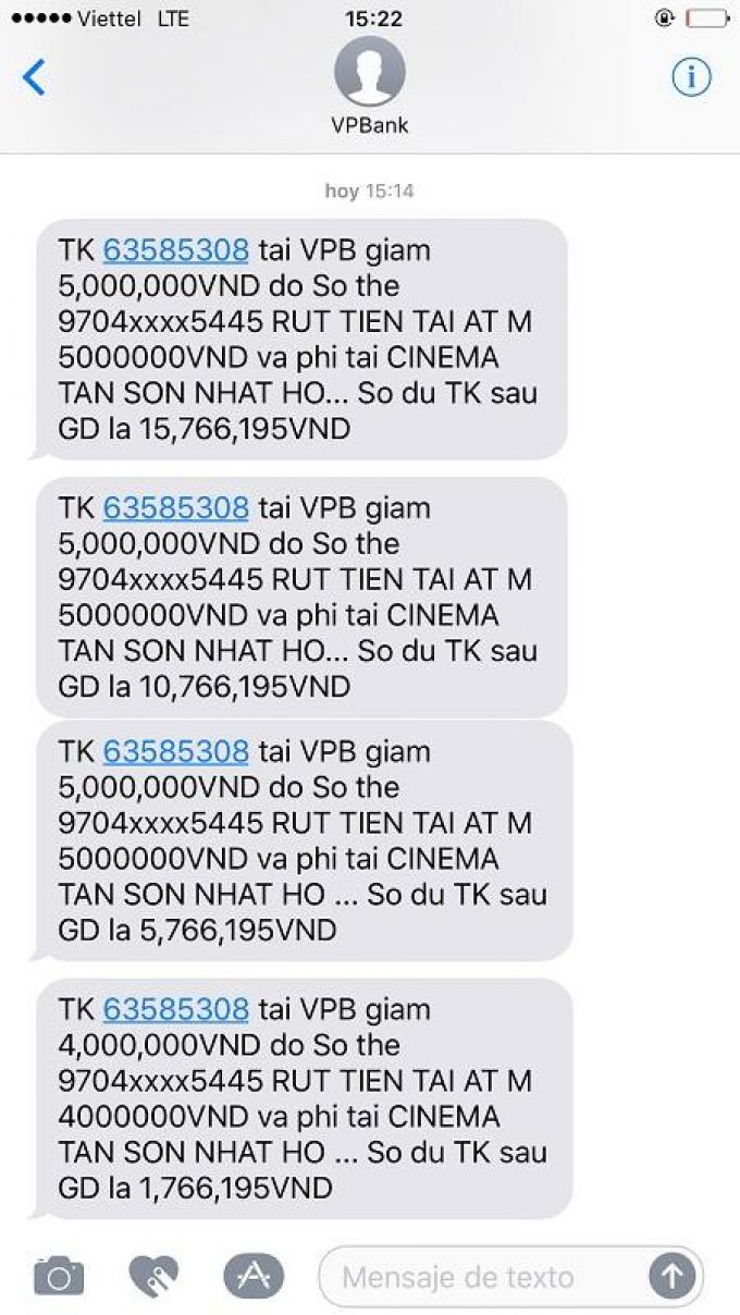 Thông tin giao dịch rút tiền liên tục được gửi về điện thoại của chị Brizaida