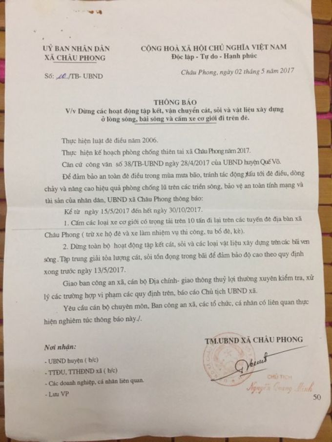 Th&ocirc;ng b&aacute;o của UBND x&atilde; Ch&acirc;u Phong.