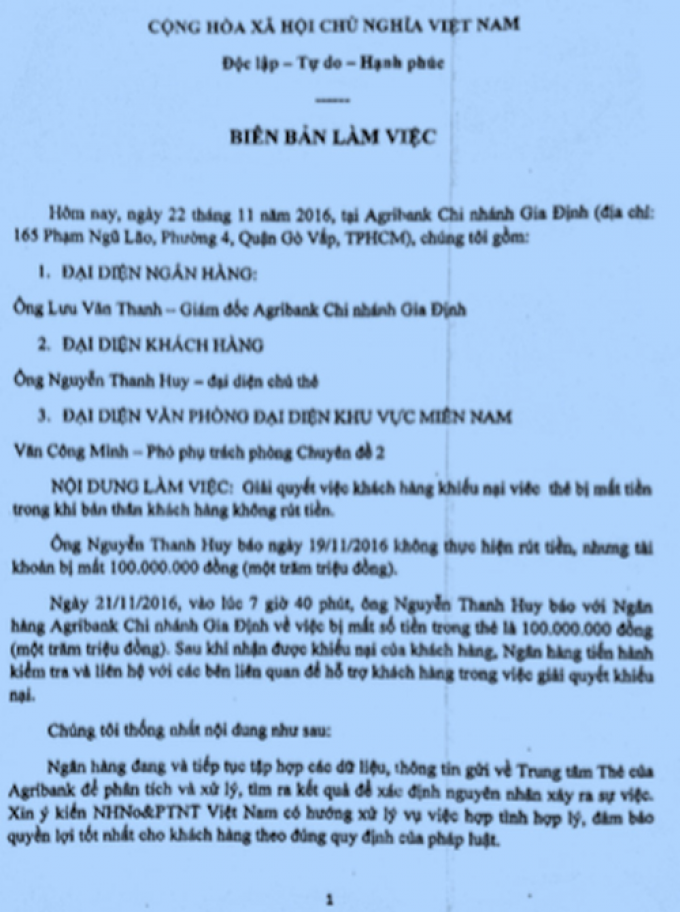 Biên bản làm việc giữa đại diện Agribank với anh Huy về vụ 