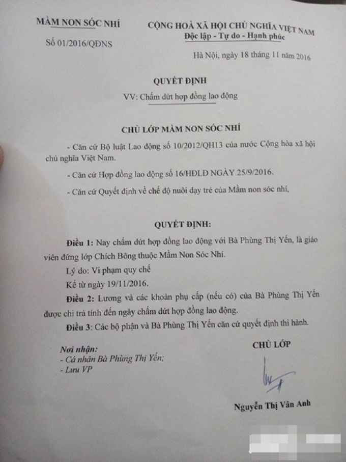 Quyết định chấm dứt hợp đồng lao động đối với cô Yến.