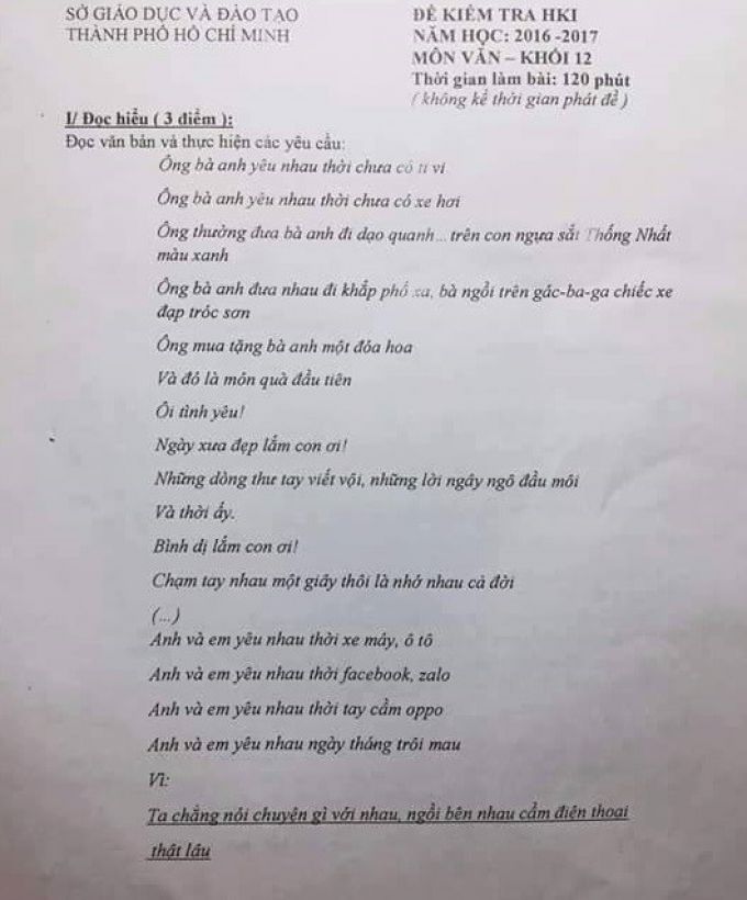 Đề kiểm tra học kỳ I môn Văn cho học sinh lớp 12 trường THPT Trường Chinh (quận 12, TP.HCM).