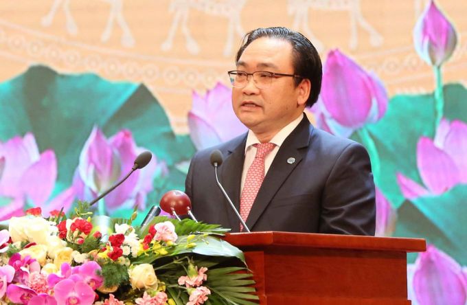 Bí thư Thành uỷ Hà Nội Hoàng Trung Hải đọc diễn văn tại Lễ Kỷ niệm.