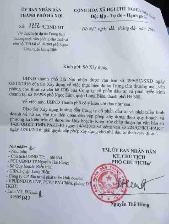 UBND thành phố Hà Nội ban hành công văn yêu cầu Sở Xây dựng giải quyết cấp phép xây dựng cho nhà đầu tư theo quy định.