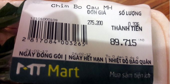 Tem mác 2 con chim bồ câu chị Ngân mua tại siêu thị MT Mart