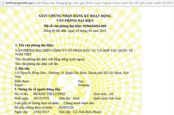 Giấy phép đăng ký hoạt động của công ty Nam Việt trên website của Tân Hoàng Minh.